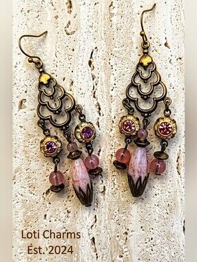 Victorian Chandelier Earrings W/ Pink Opaline & Flower Crystals In Brass